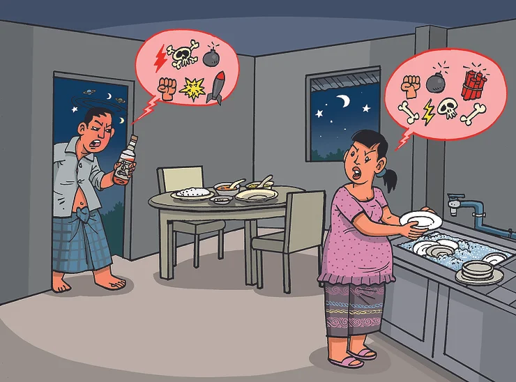 Un couple qui se dispute au sein de leur logement. Un homme ivre tient une bouteille d'alcool dans la main et crie contre sa femme qui fait la vaisselle.