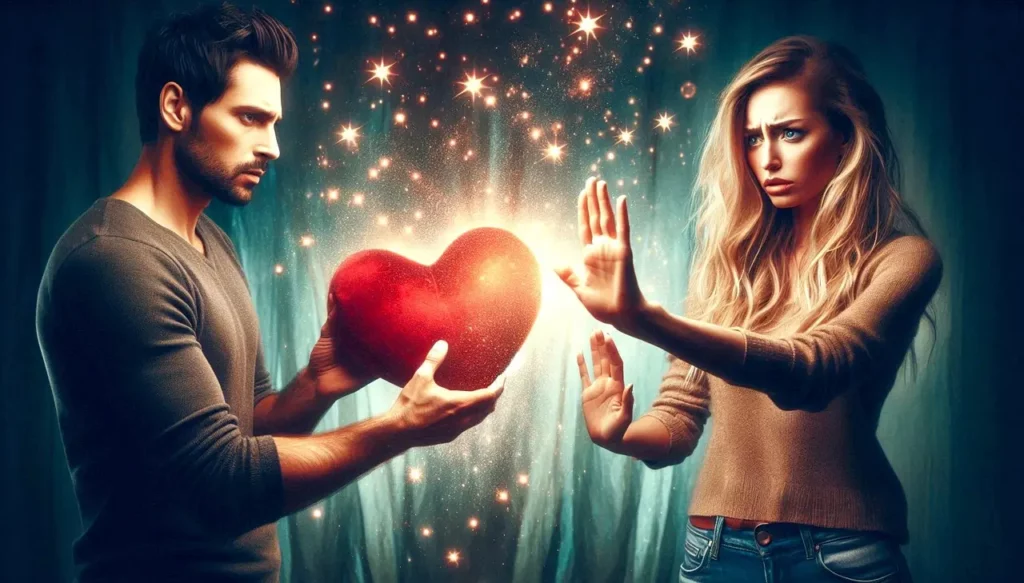 Image représentant un homme qui offre son cœur à une femme qui le refuse.