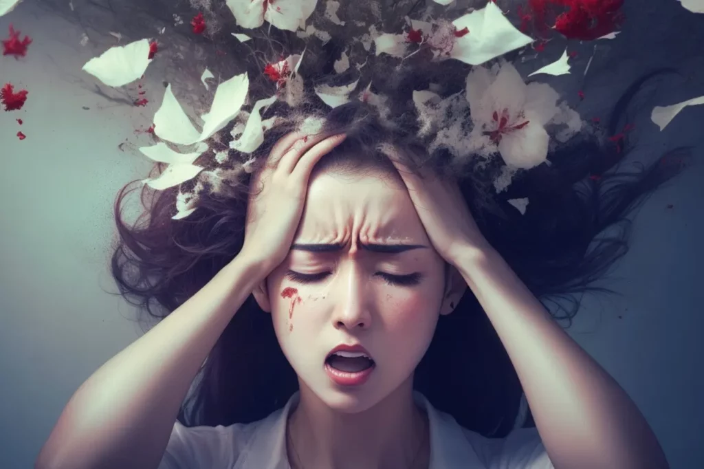 Illustration d'un visage crispé d'une femme qui met ses mains sur la tête et qui voudrait apprendre comment gérer les crises d’angoisse grâce à l’hypnose.