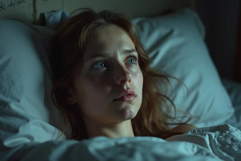 Hypnose et insomnie : retrouver un sommeil profond naturellement. Jeune femme qui a les yeux grands ouverts la nuit dans son lit.