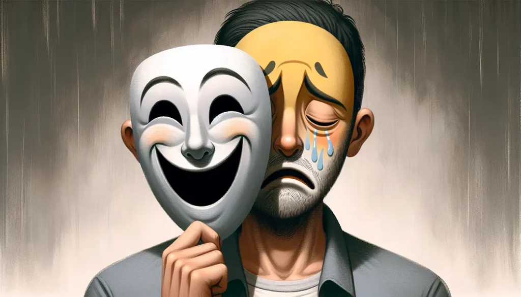 Illustration d'une personne qui hôte son masque pour laisser voir ce qu'elle ressent vraiment. Être authentique : le courage d’être soi !