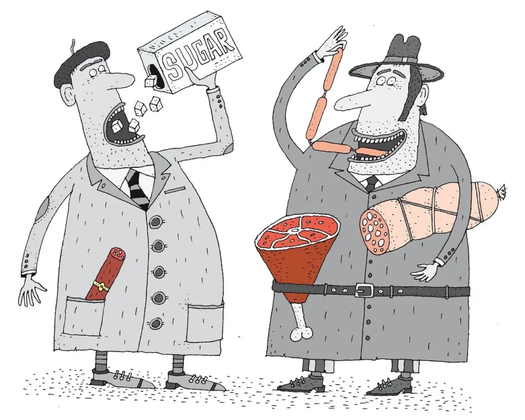 Dessin qui représente deux hommes touchés par la compulsion alimentaire et qui dévorent des aliments et du sucre.