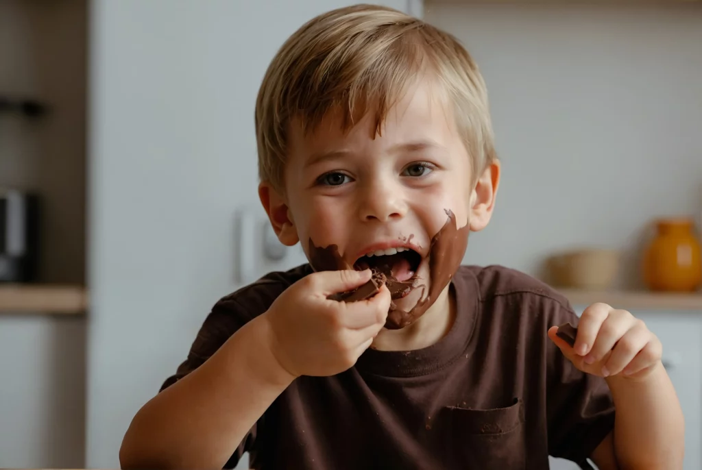 Jeune enfant qui dévore du chocolat et qui en plein sur les joues.