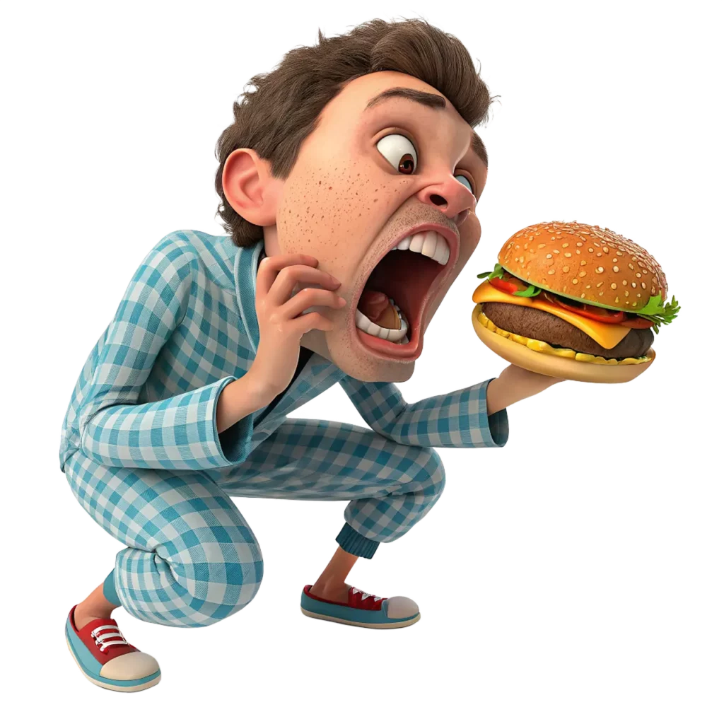 Dessin qui représente un jeune homme en pyjama, touché par la compulsion alimentaire et qui dévore un hamburger.