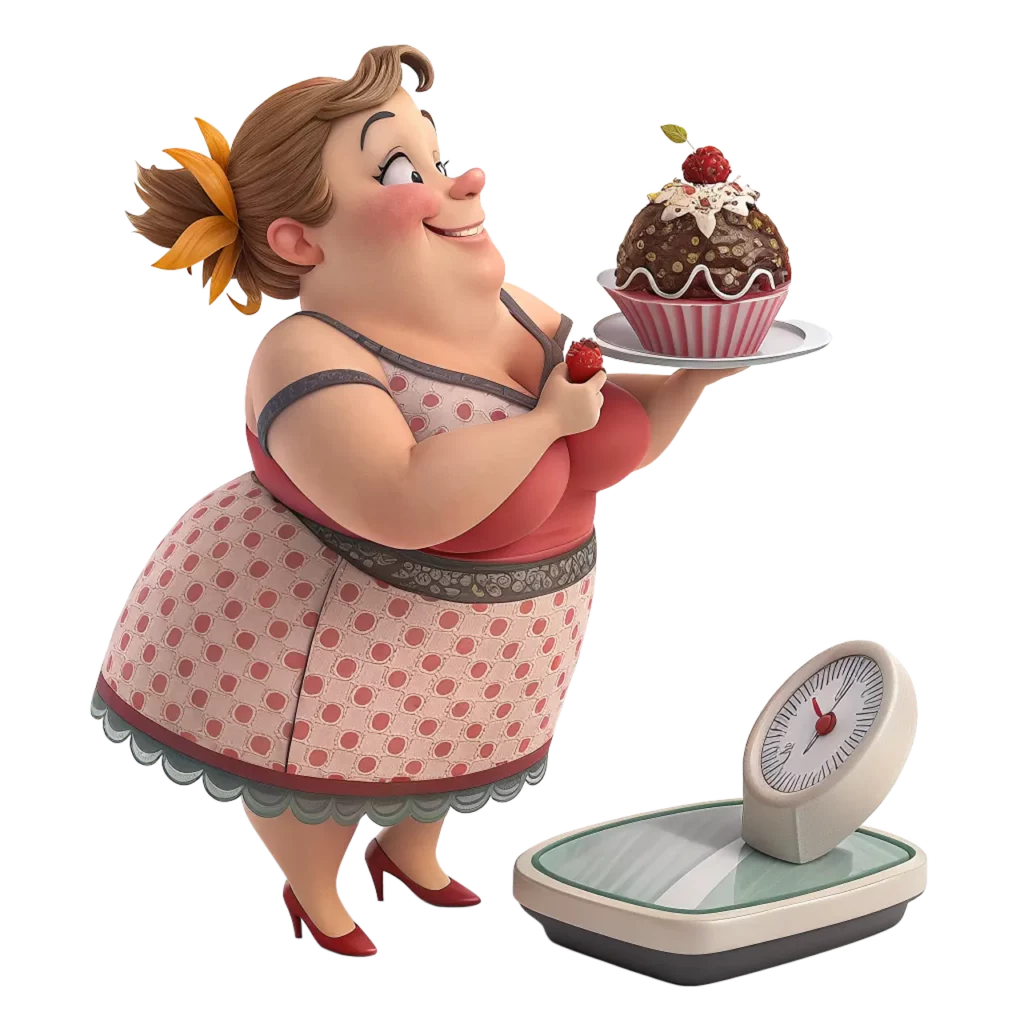 Dessin qui représente un femme en surpoids et qui tient dans sa main un gâteau et dans l'autre une fraise.