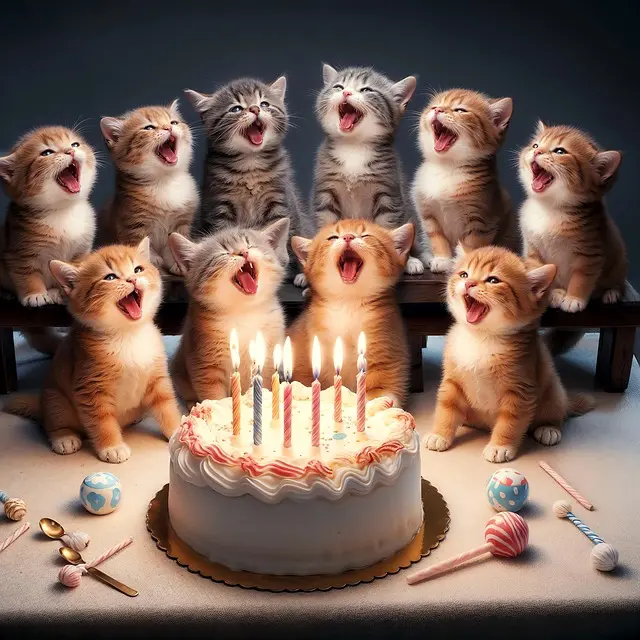 Dix chatons qui chantent joyeux anniversaire devant un gâteau. Aujourd'hui, je fête mes dix ans !