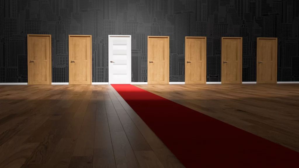 Comment choisir son hypnothérapeute : 7 critères clés. Cette image représente une pièce dans laquelle il y a 7 portes dont une une est identifiée par une couleur blanche et un tapis rouge.